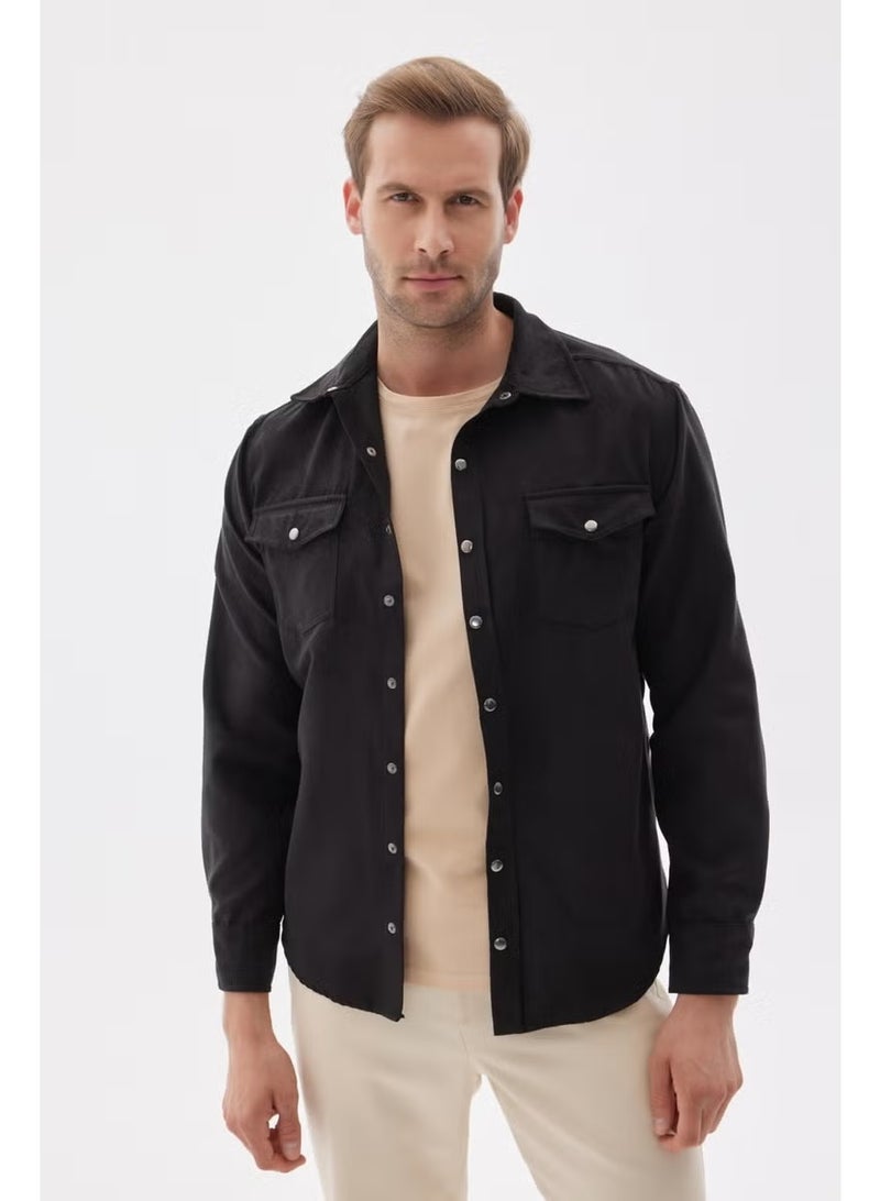 Odelon Slim Fit Men's Black Shirt Jacket with Pockets - Image 1